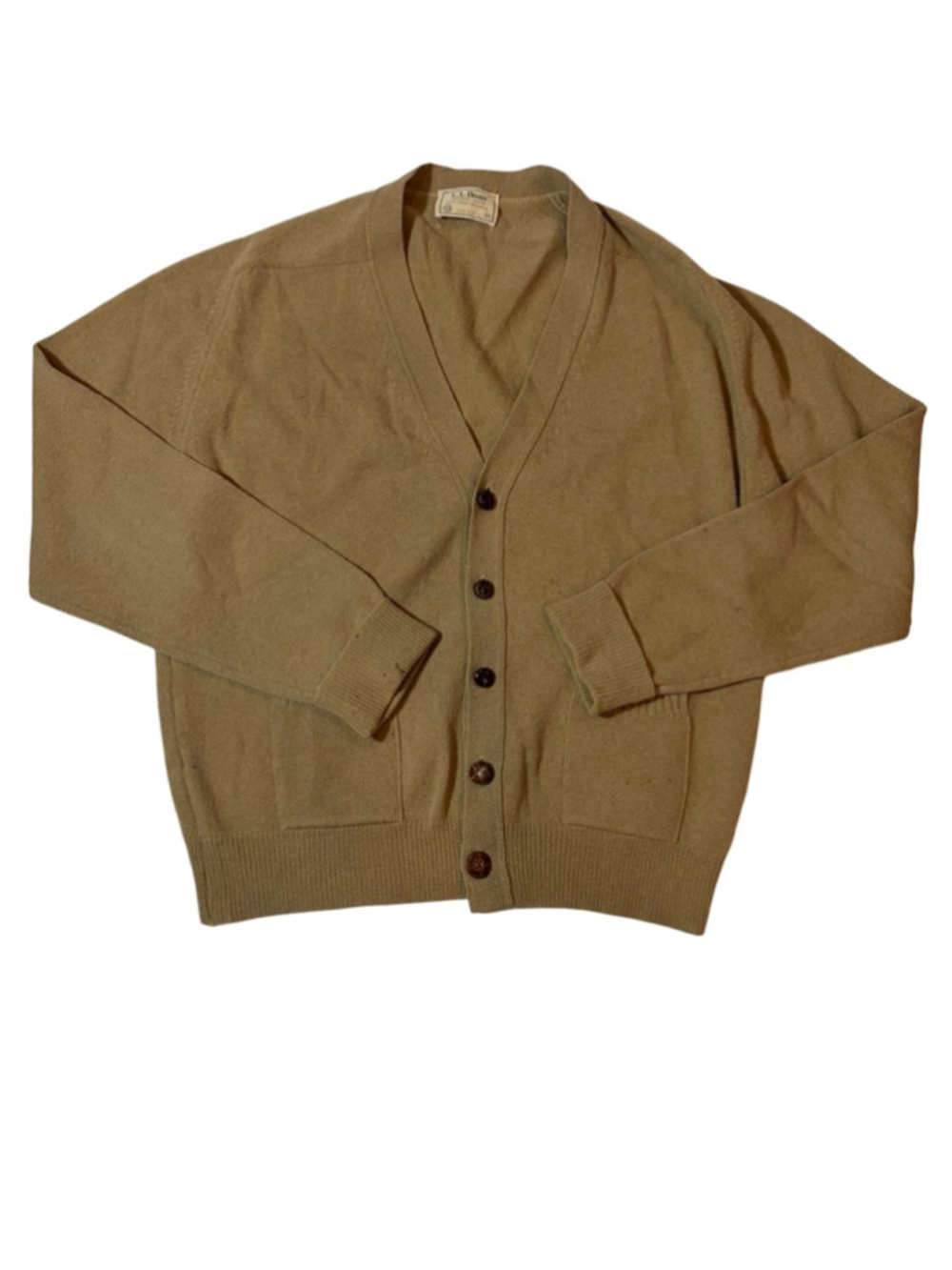 LL Bean Cardigan Sweater Wool USA Button Front Grandpa Tan Medium